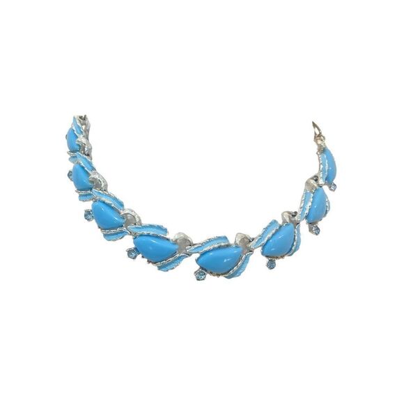 Vtg 50’s/60’s robin’s egg blue & silver tone leaf & crystal necklace & bracelet - Picture 3 of 7